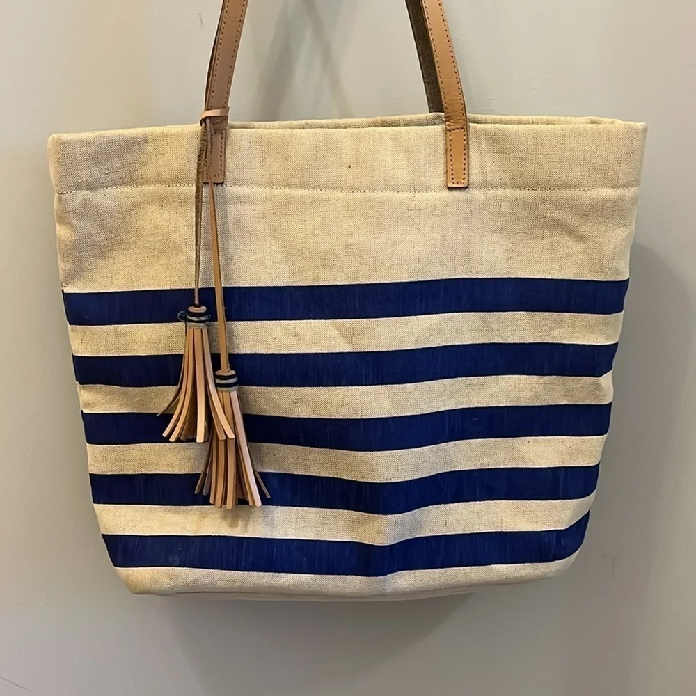 Marc Lamar Canvas Tote Bag Leather Handles & Trim Striped Zipper Top Jute Tassel